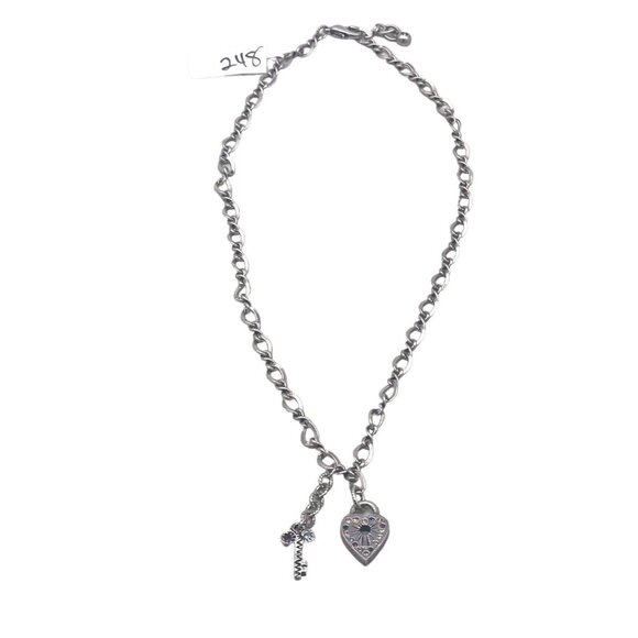 RARE Patricia Locke Silver Chain Necklace With Heart & Key Charms Crystals #248